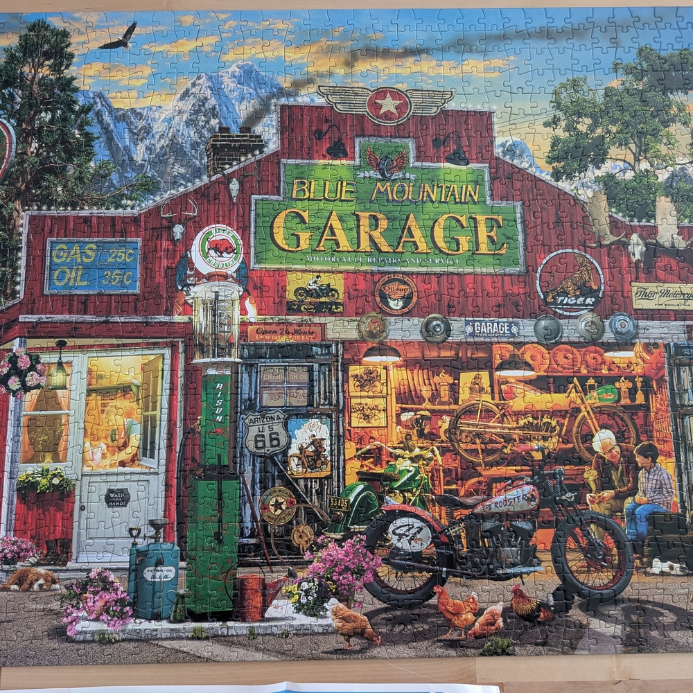 Blue Mountain Garage Puzzle Art Print - Red Green Yellow